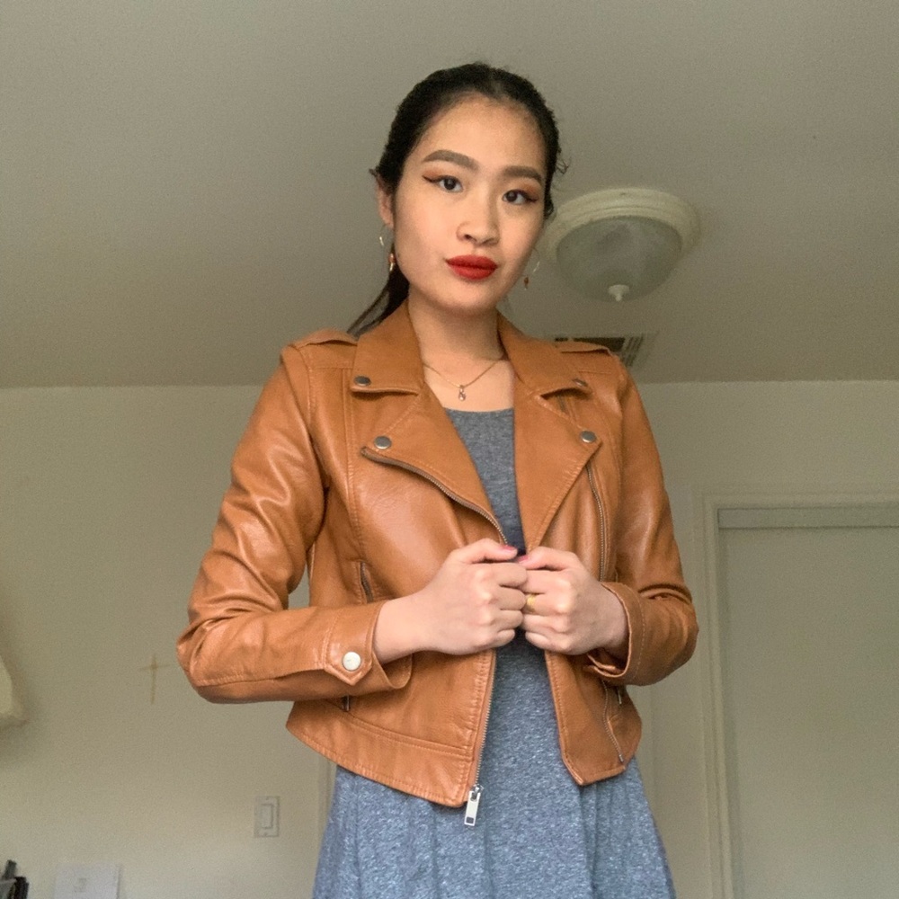Tan Brown Faux Leather Jacket Cropped